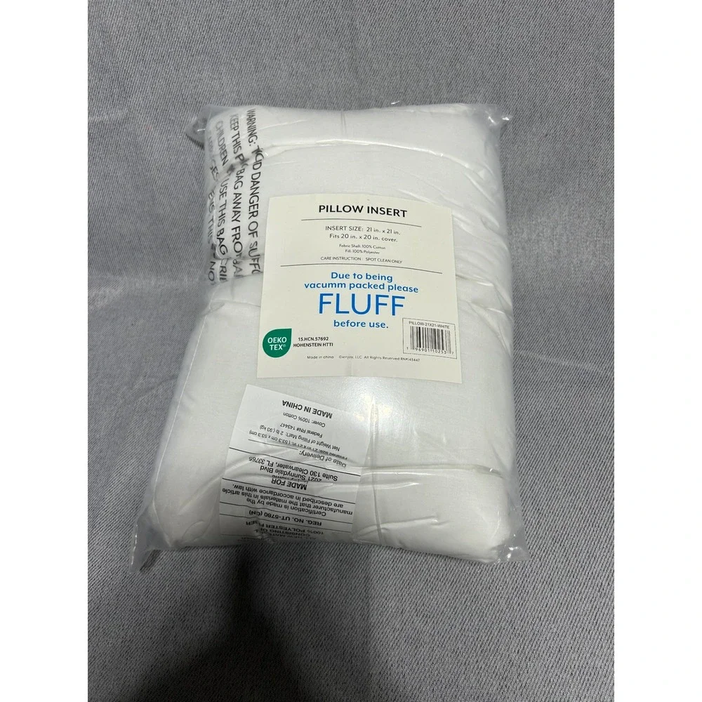 Eienjoy Square Pillow Insert 21x21 White Cotton Shell
